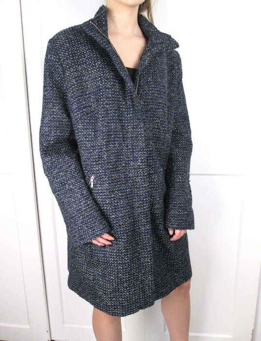 Granatowy wełniany tweedowy płaszcz kurtka 12% wełna 20 3XL 4XL