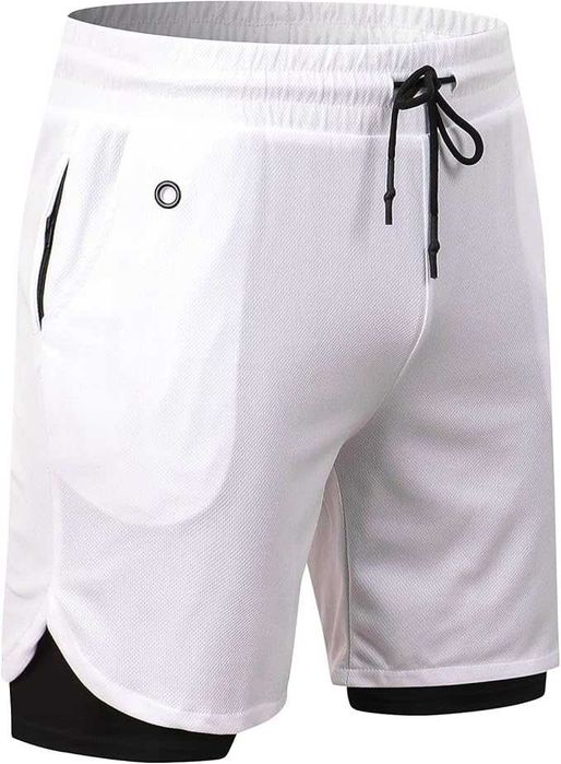 Męskie spodenki sportowe 2w1 XXL białe oddychające kieszenie