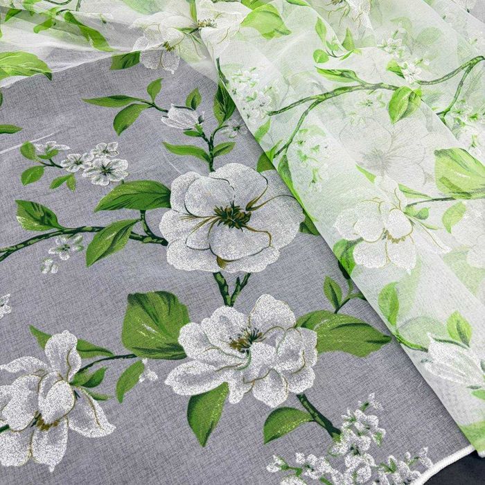 Готовий біло-зелений тюль Magnolia з квітами батист під льон на тасьмі 150–600 см (YH85-3)
