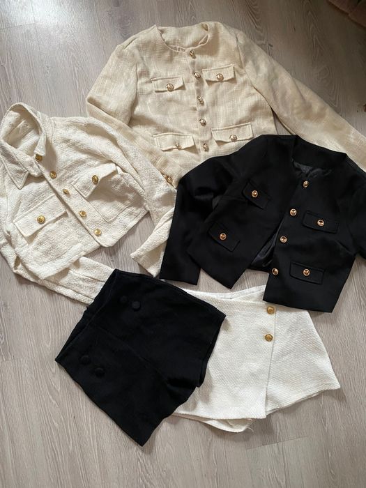 Піджак твідовий шорти юбка твідова новий молочний беж чорний хс с м