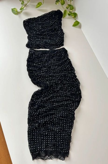 Czarny komplet, drapowany tiul koronka, cyrkonie, top+spódnica, Zara S