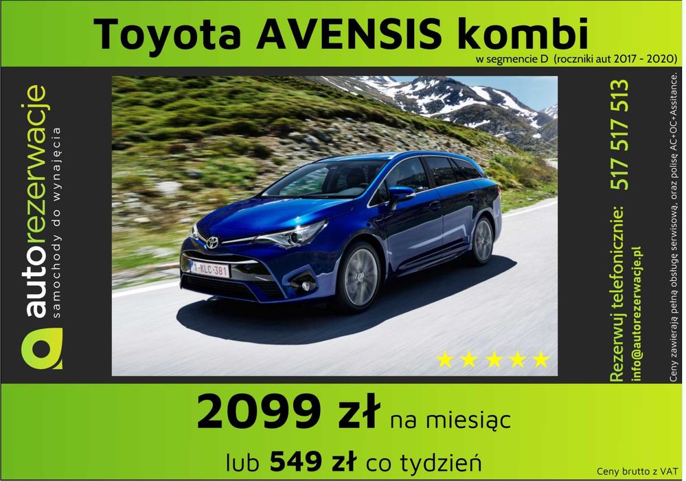 Wynajem wypożyczenie samochodów/aut za 1299 za 30 dni lub 335 co 7 dni