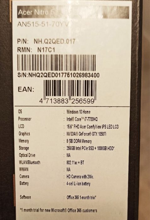 Acer nitro 5, i7-7700HQ 2.80ghz win 10, gamingowy