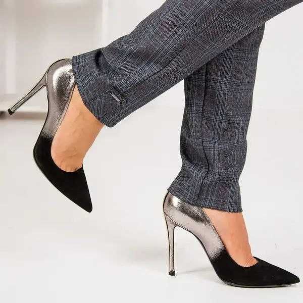 Ефектні сріблясто-чорні лакові туфлі-човники на шпильці 41 розмір 26см