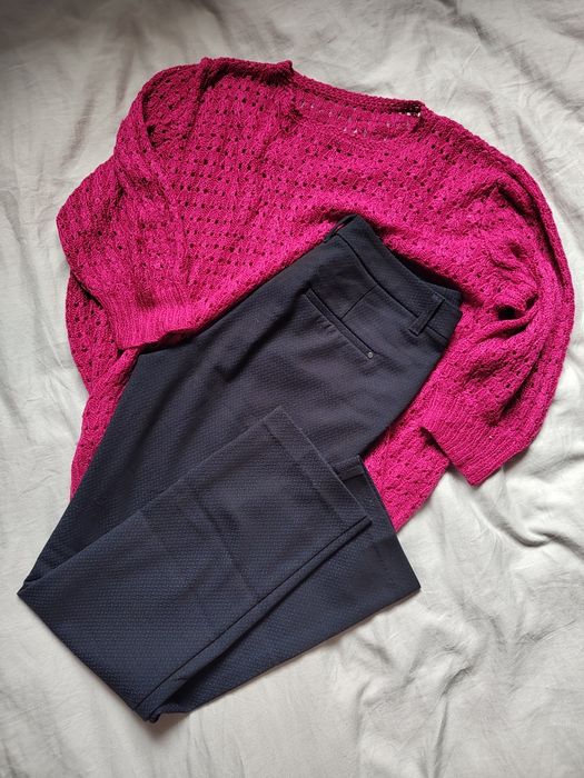 Spodnie cygaretki w jodełkę eleganckie granatowe do biura S/36