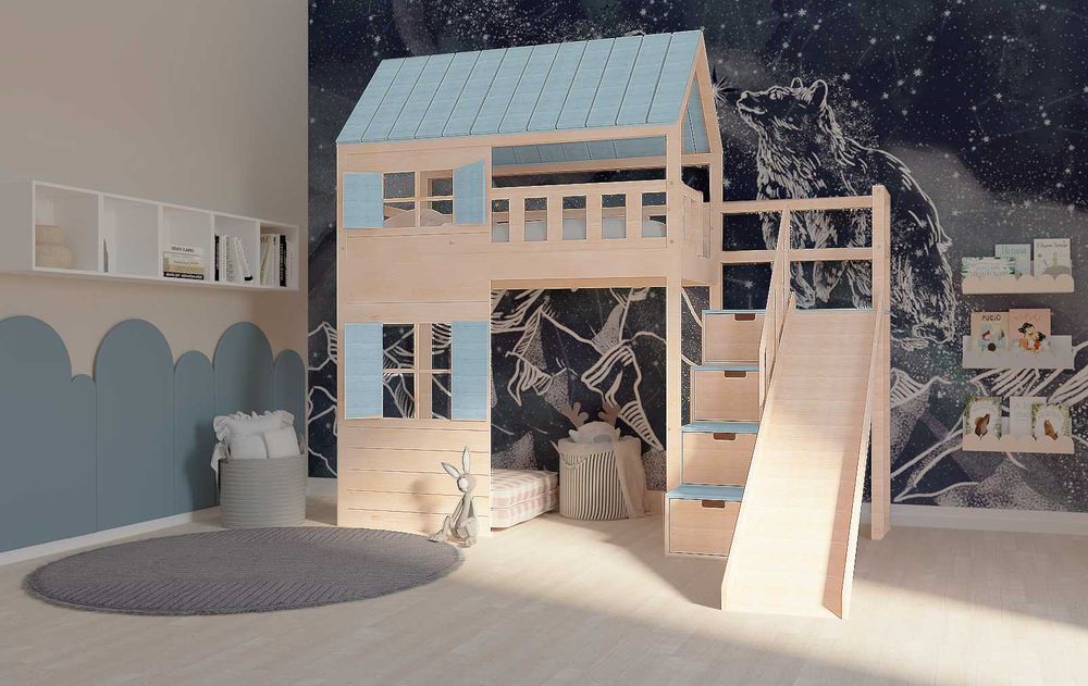 Łóżko antresola dla dziecka ze schodami i zjeżdżalnią
