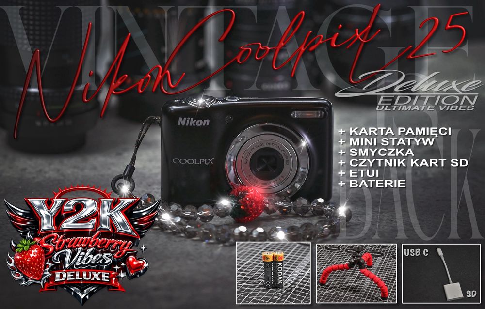 Vintage Y2K Digicam Digital Cyfra CCD digitalny cyfrowy aparat kompaktowy Nikon Black + Statyw. Czytnik kart SD, etui, baterie, 2GB SD, opakowanie