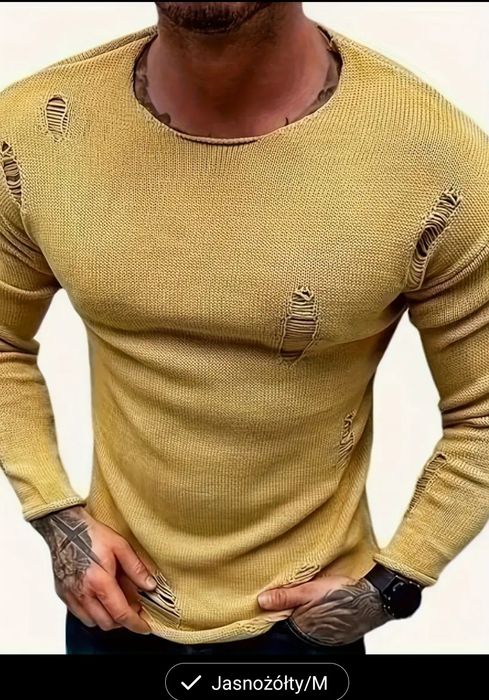 Swetr męski z dzianiny z okrągłym dekoltem i rozdarciami