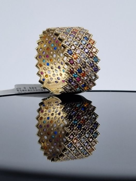 Złoty nowy pierścionek szeroki obrączka z kolorowymi cyrkoniami 14k