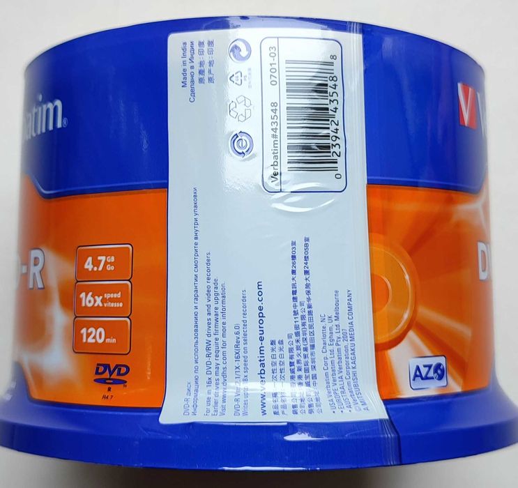 Диск Verbatim DVD-R 4,7GB 16x AZO Spindle Packaging 50шт
