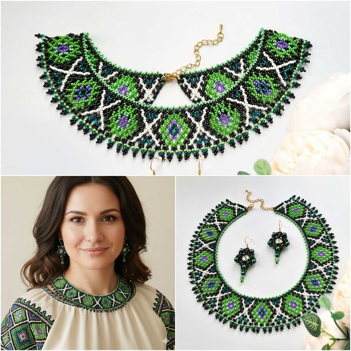 Набір прикрас до вишиванки українське намисто сережки зелений синій