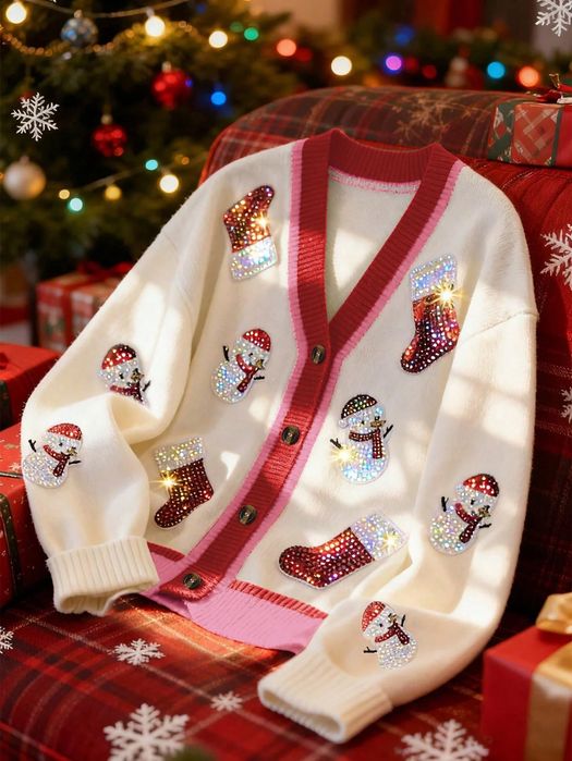 Sweter świąteczny wielokolorowy kardigan z cekinami na guziki SHEIN S