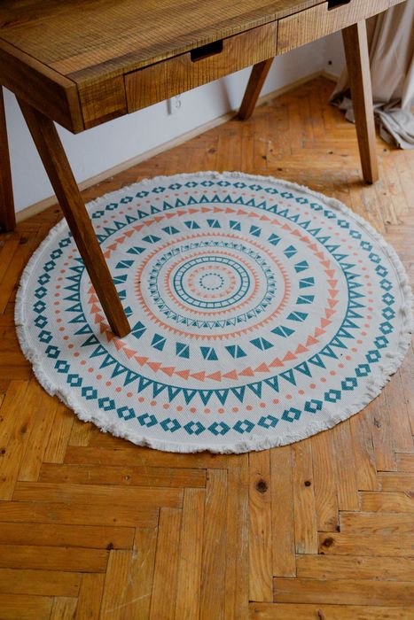 Dywan okrągły bawełniany 120 cm boho etno mandala frędzle turkusowy