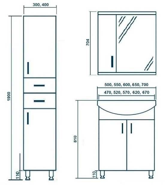 Комплект мебели в ванную: тумба с умывальником, зеркальный шкаф, пенал