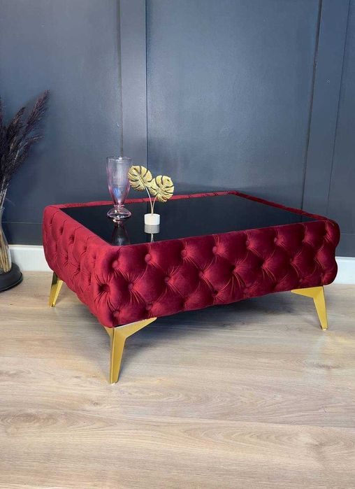 Stolik kawowy, pikowany, guziki, kryształy, szyba PRODUCENT