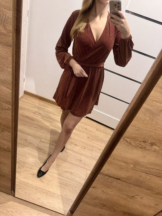 Sukienka kopertowa L ceglana ceglasta brokat