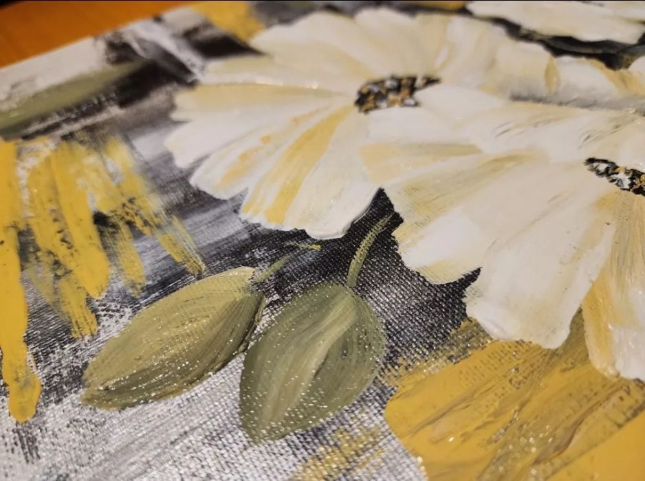 Quadro Pintura Á Mão sobre Tela Canva Flores Brancas 30x30 cm