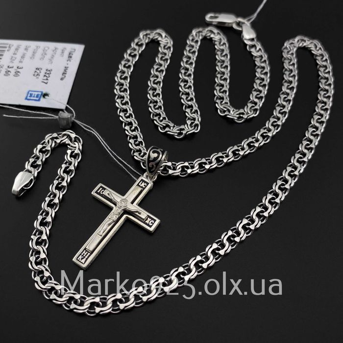 Срібний ланцюжок чоловічий з хрестиком 925 проби на шию