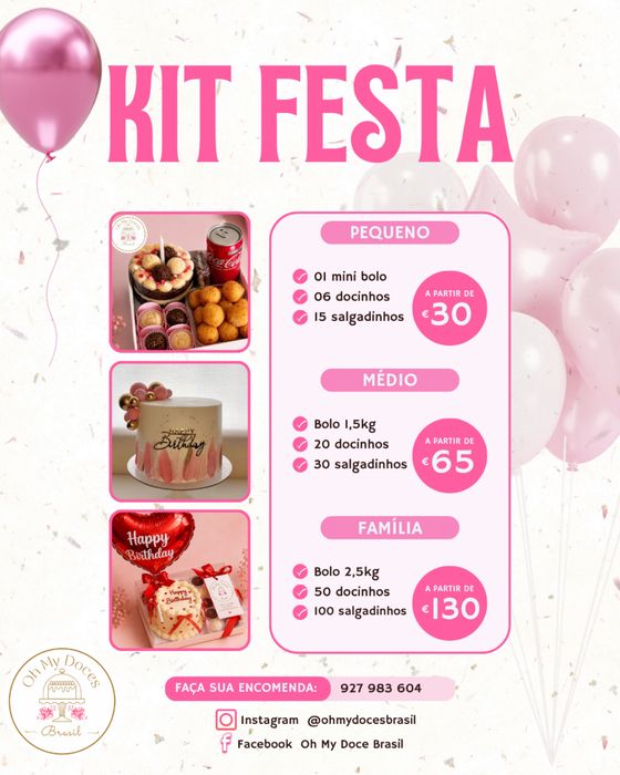 Kit festa | Bolos | Sobremesas | Brigadeiros | Doces e salgados finos | Salgados tradicionais | Tartes