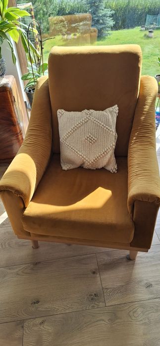 Fotel welur żółty musztardowy