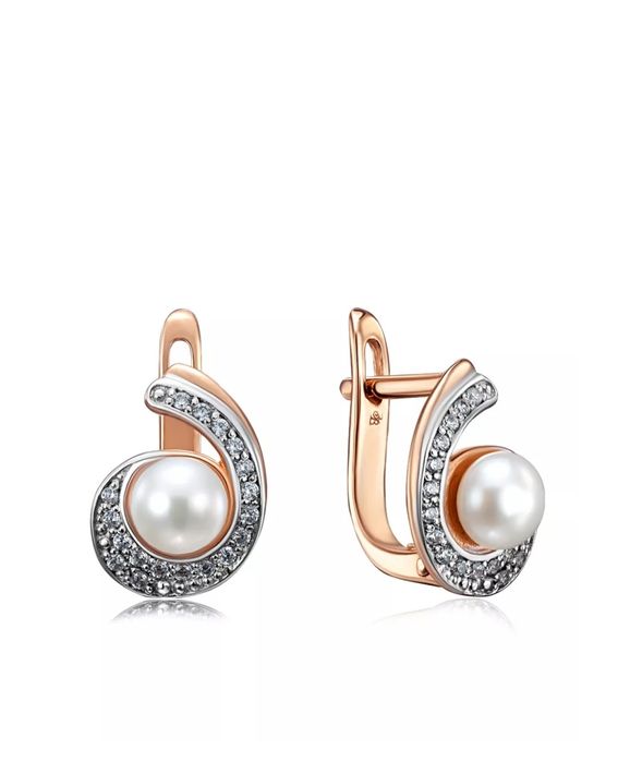 Золоті сережки з натуральними перлами та фіанітами