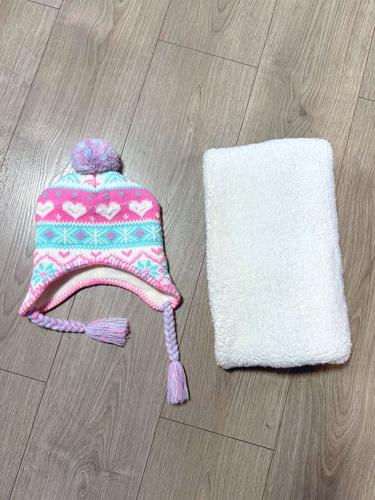 Детская, теплая шапочка на ребёнка; зимняя шапка с хомутом (шарф-снуд)