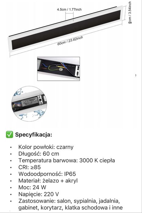 Lampa ścienna zewnętrzna LED z czujnikiem ruchu 24W 60cm