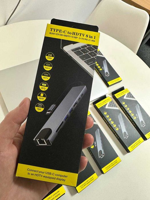 USB-C HUB 8в1 HDMI 4K PD 87W RJ45 LAN SD TF MacBook Windows Android iOS