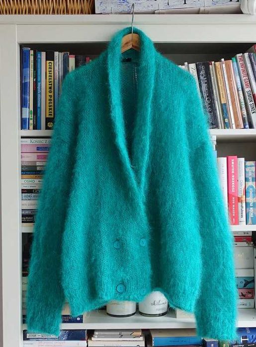 Styled by Dominique szmaragdowy morski kardigan 80% moher handmade cud
