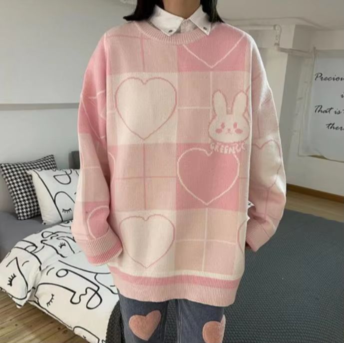 Damski Sweter Oversize w Serca z Motywem Królika Harajuku Kawaii - L