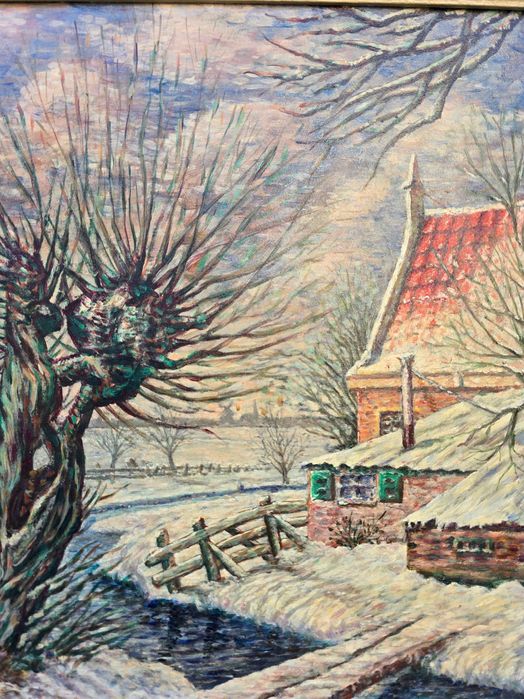 Stary obraz olejny  Leo Lang drzewa i domy