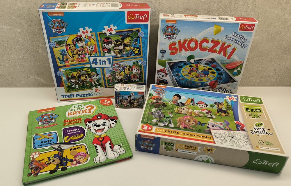 Zestaw Psi Patrol, puzzle, książka, skoczki, gra Psi Patrol, 3+, 4+