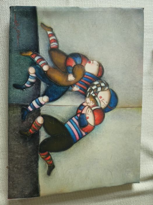 Obraz Joyce'a Roybala, znanego z przedstawiania puszystych postaci dzieci bawiących się w stylu whimsical.