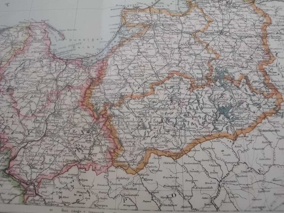 Oryginalna XIX w mapa Prusy Wschodnie i Zachodnie-Warszawa, Gdańsk