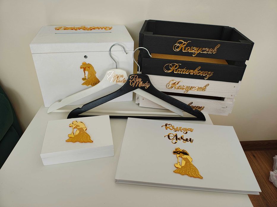 nowe pudełko na obrączki skrzynka na koperty wieszaki koszyki księga ślub wesele złote plexi