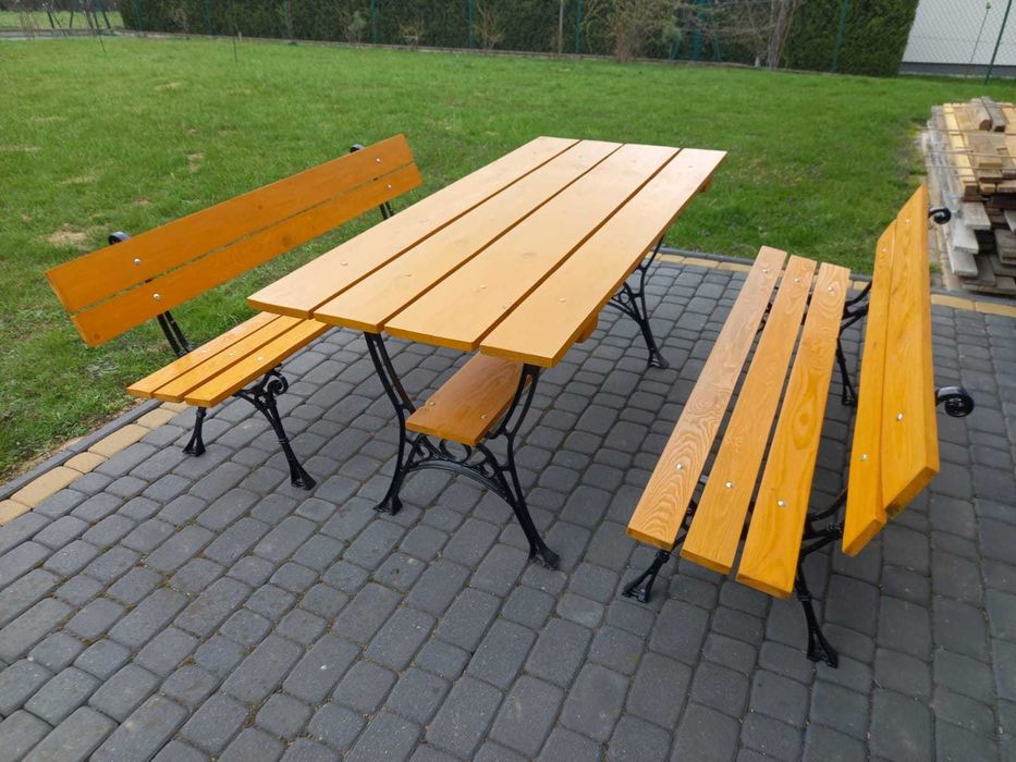 Komplet ogrodowy, meble ogrodowe stół + 2 ławki, solidny, duży, nowy