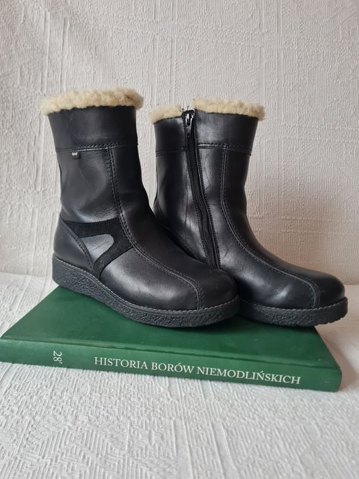 Kozaki buty skórzane damskie ocieplane zimowe czarne wełna skóra otmęt