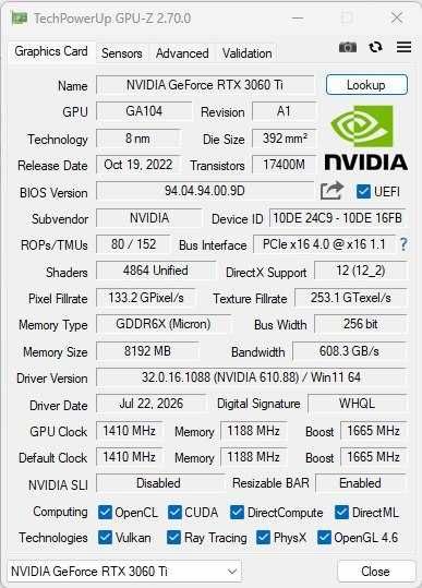 RTX 3060 Ti 8GB KFA2 EX (1-Click OC)