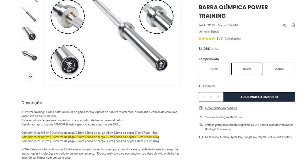 Barra Olimpica 15kg 183cm - Nova