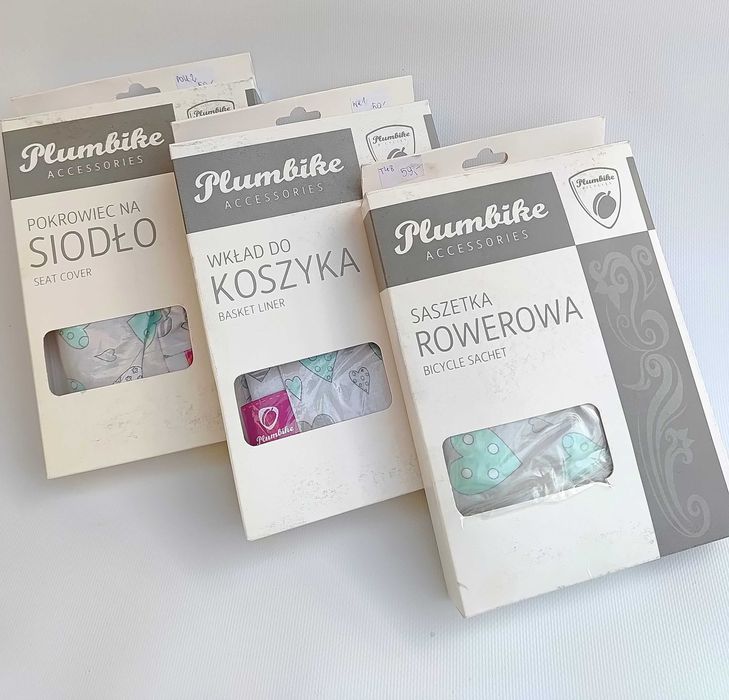 Plumbike zestaw rowerowy wkład do koszyka, saszetka rowerowa, pokrowiec na siodełko niebieskie serduszka