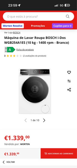 Máquina de Lavar Roupa BOSCH Serie 8  (10 kg - 1400 rpm