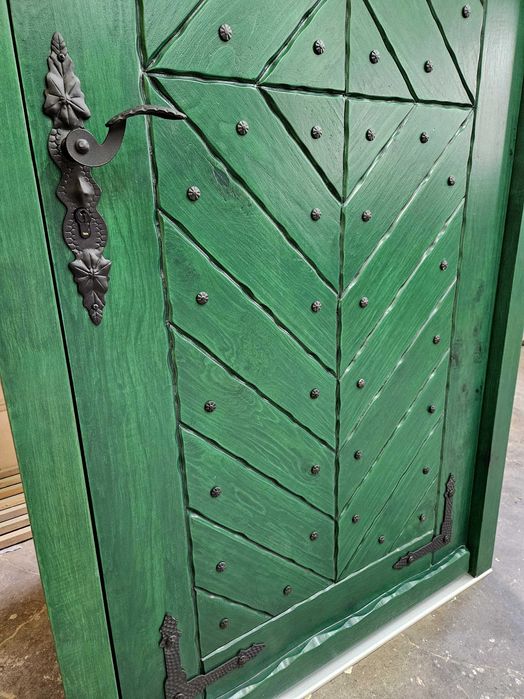 Drzwi DŁUGOSZ drewniane zewnętrzne góralskie jodełka zielone GOTOWE