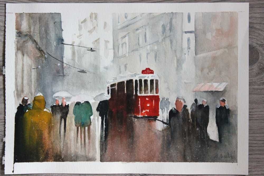 obraz akwarela -tramwaj