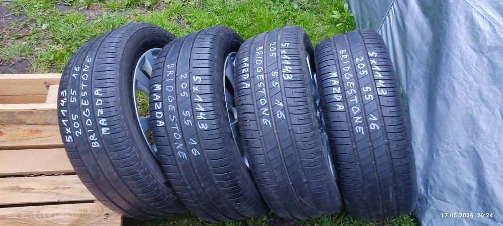 Felgi alu oryg Mazda 5x114,3 z oponami letnimi Bridgestone 205/55 R16, 4szt