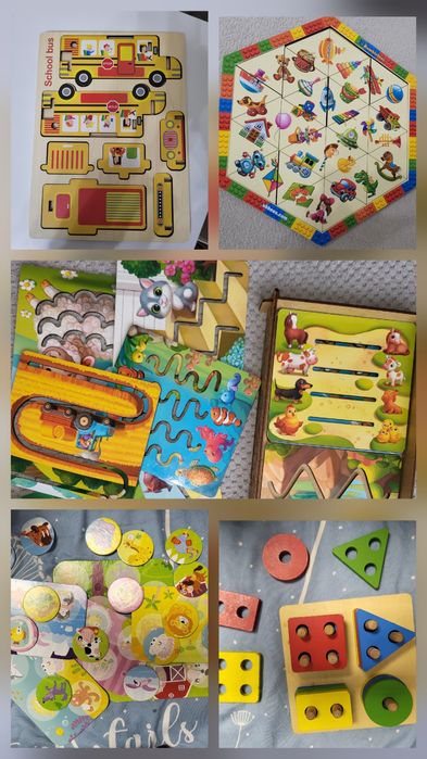 Дерев'яні розвиваючи ігри,  трафарети, пазли ань-янь ubees, лото