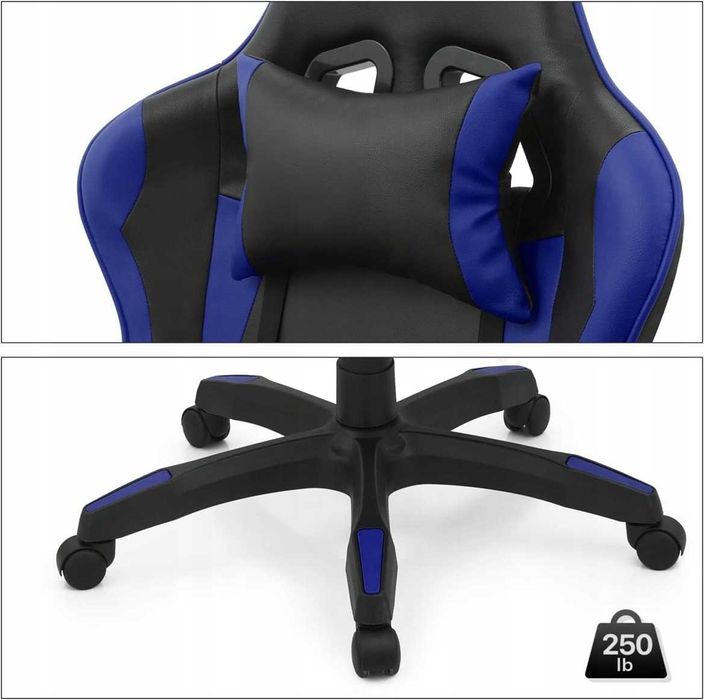 NOWY Fotel GAMINGOWY Biurowy Ekoskóra Obrotowy Niebieski z PODNÓŻKIEM