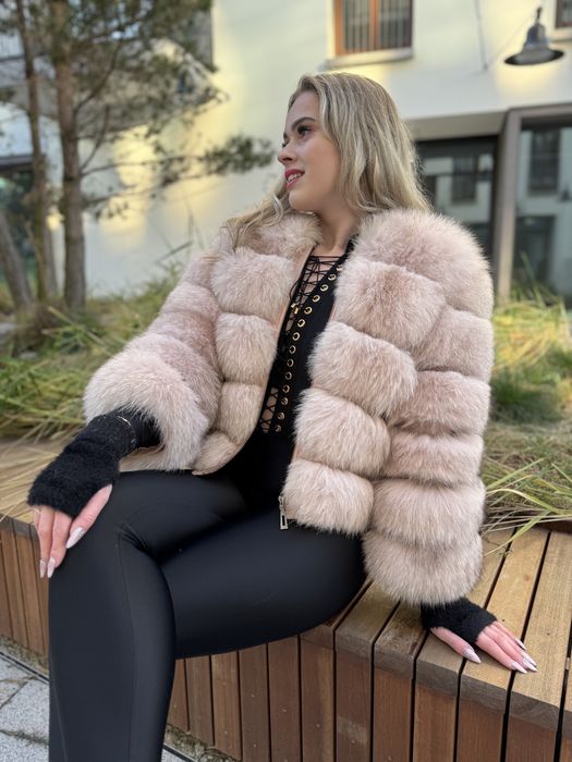 Futro naturalne z lisa pudrowy róż s 36 Mega gęste 2 w 1 krótkie