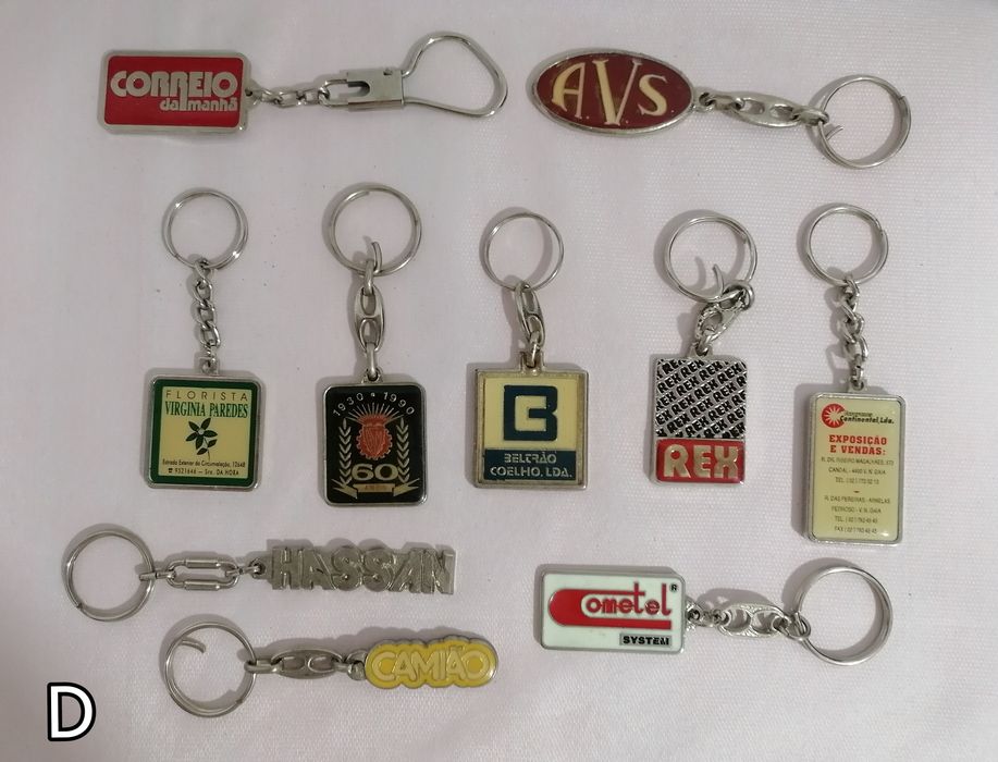 Set of 10 metal keychains featuring transportation, newspapers, brands, and healthcare