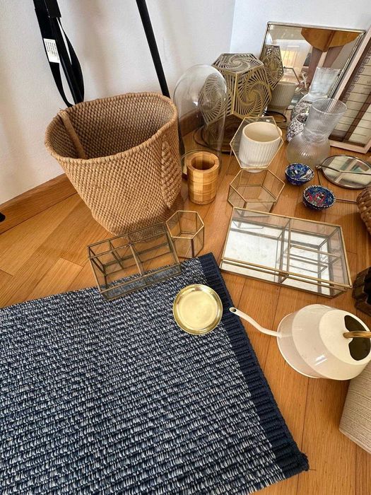 Lote decoração completo — cestos, vasos, caixas vidro, tapete