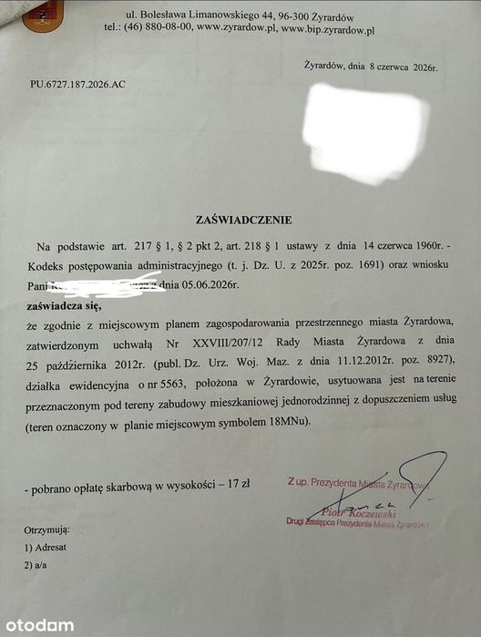 Sprzedam bardzo ładną, kształtną  działkę w Żyrardowie na Grenadierów